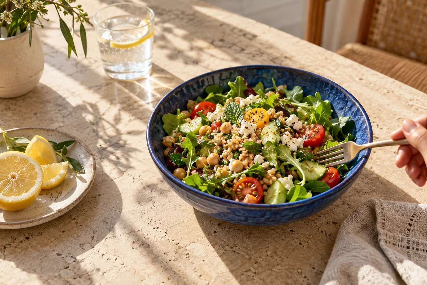 A fresh salad in a blue ceramic bowl on a sunlit table